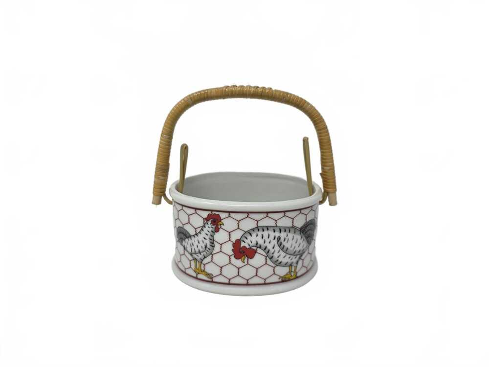 Vintage Takahashi Japan Chicken Ceramic Basket Woven Rattan Handle